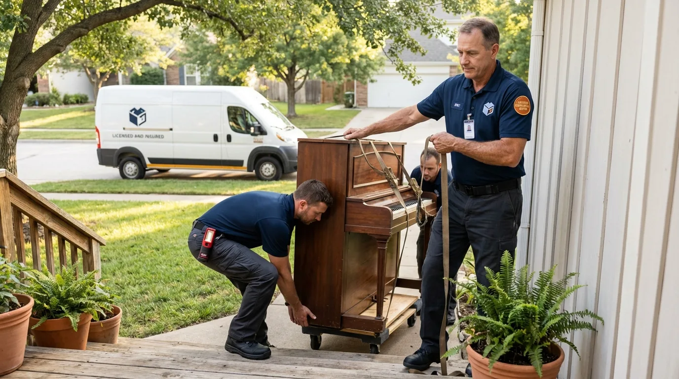Licensed piano movers securing grand piano in Rio Vista, CA