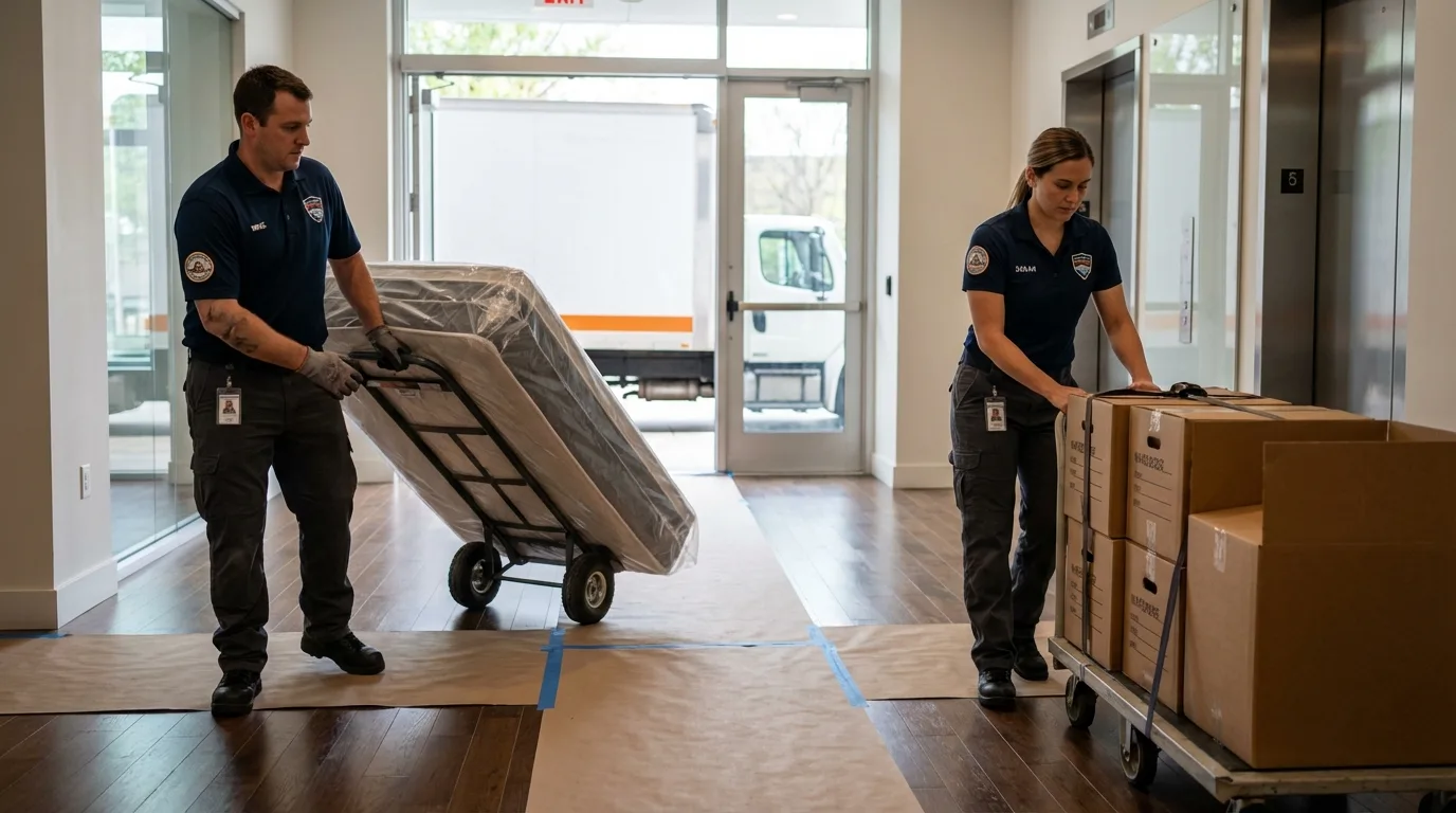 Professional apartment movers loading elevator in Rio Vista, CA